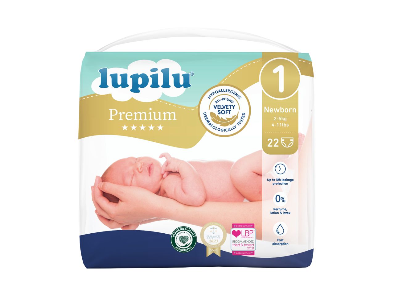 Newborn diapers, size 1 (2-5kg/4-11lbs), 22 count, with 12h leakage protection, velvety soft, hypoallergenic.