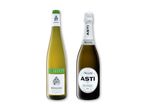 To flasker vin: en hvidvin fra Alsace, årgang 2019, og en mousserende vin fra Asti, årgang 2024.