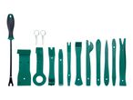 A 13-piece car trim removal tool set with plastic pry bars, metal keys, and a fastener remover.