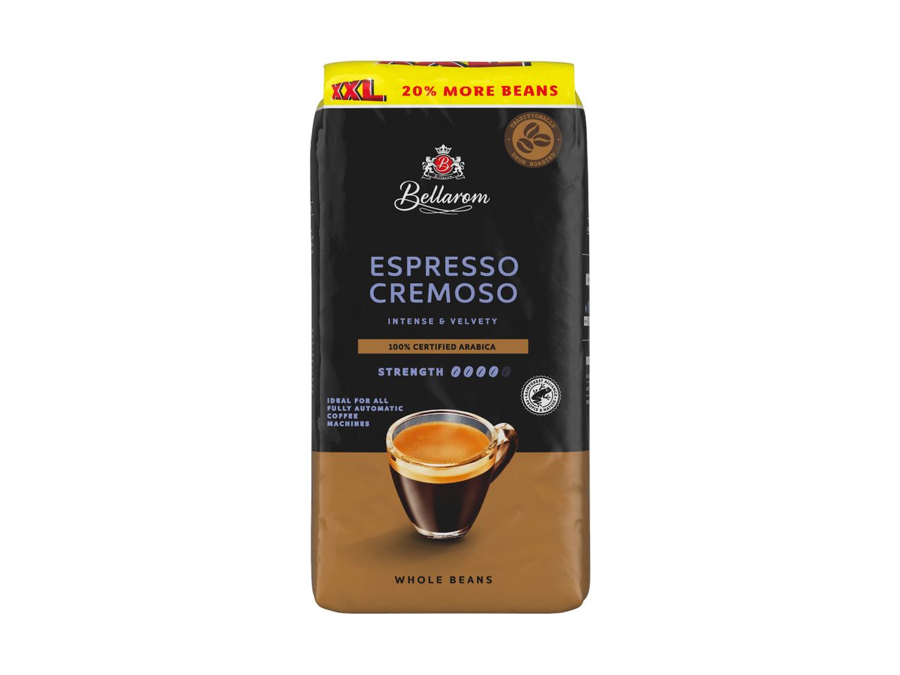 Bellarom Espresso Cremoso Kaffeebohnenpackung mit Stärkeangaben und Zertifizierungen.