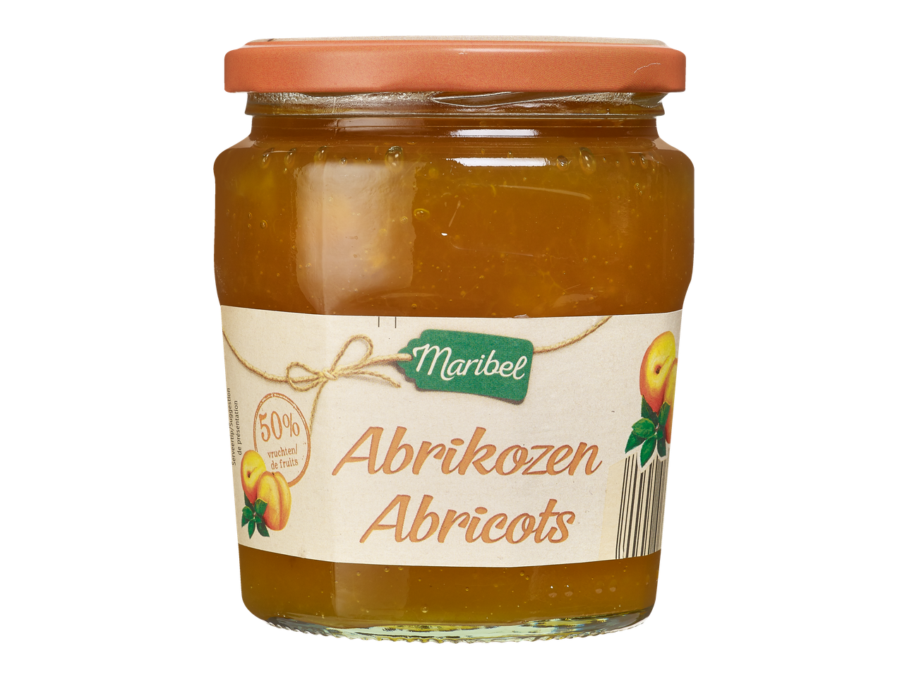 Confiture d'abricots Maribel dans un pot en verre avec un couvercle orange clair