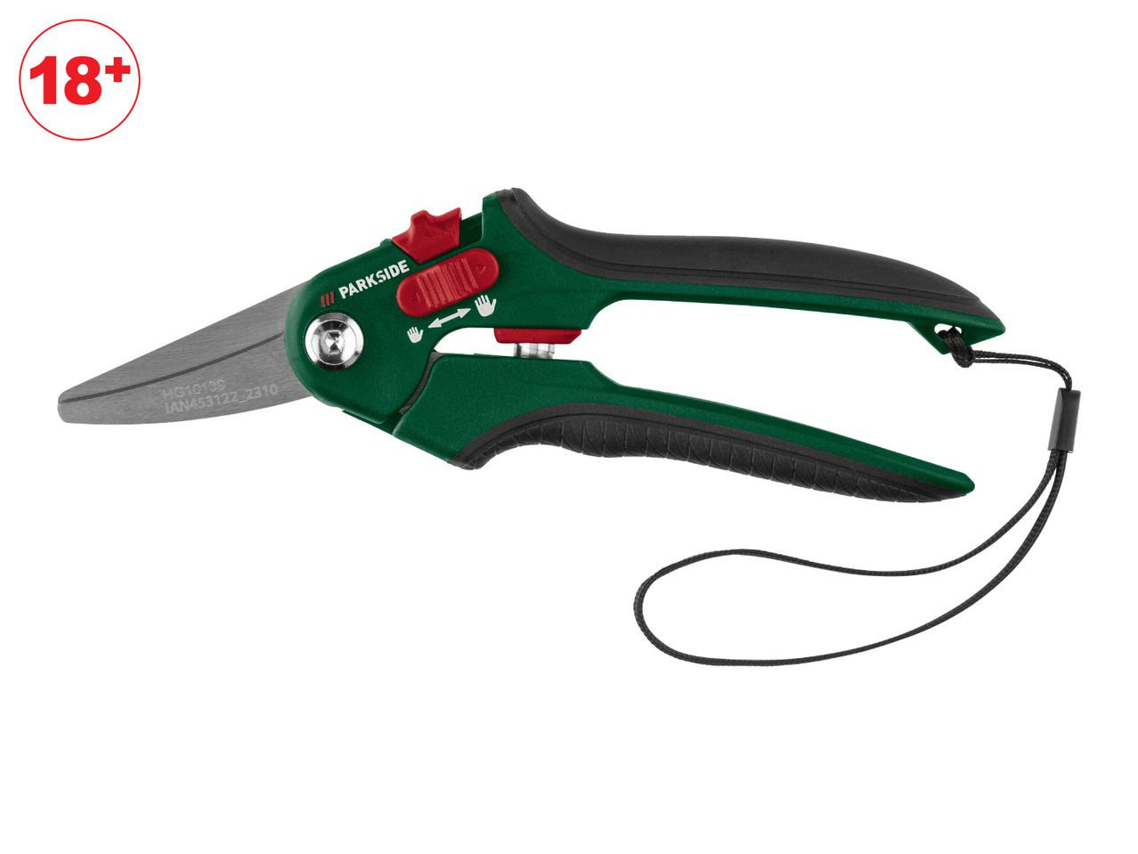 Parkside garden shears with a red 18+ age restriction symbol.