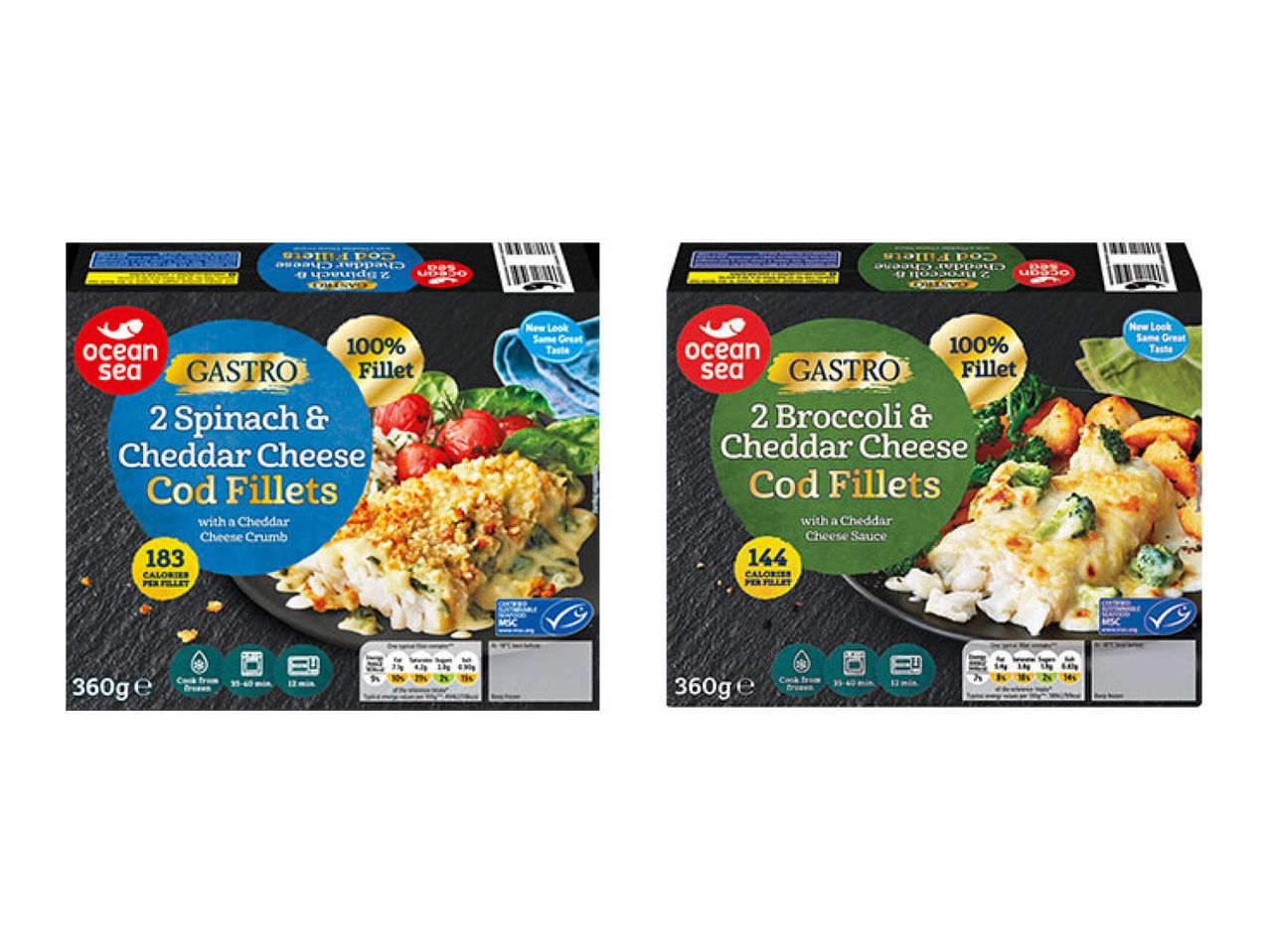 Two boxes of frozen cod fillets with spinach and cheddar, and broccoli and cheddar.