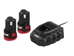 Two black and red power tool batteries with a matching black charger.