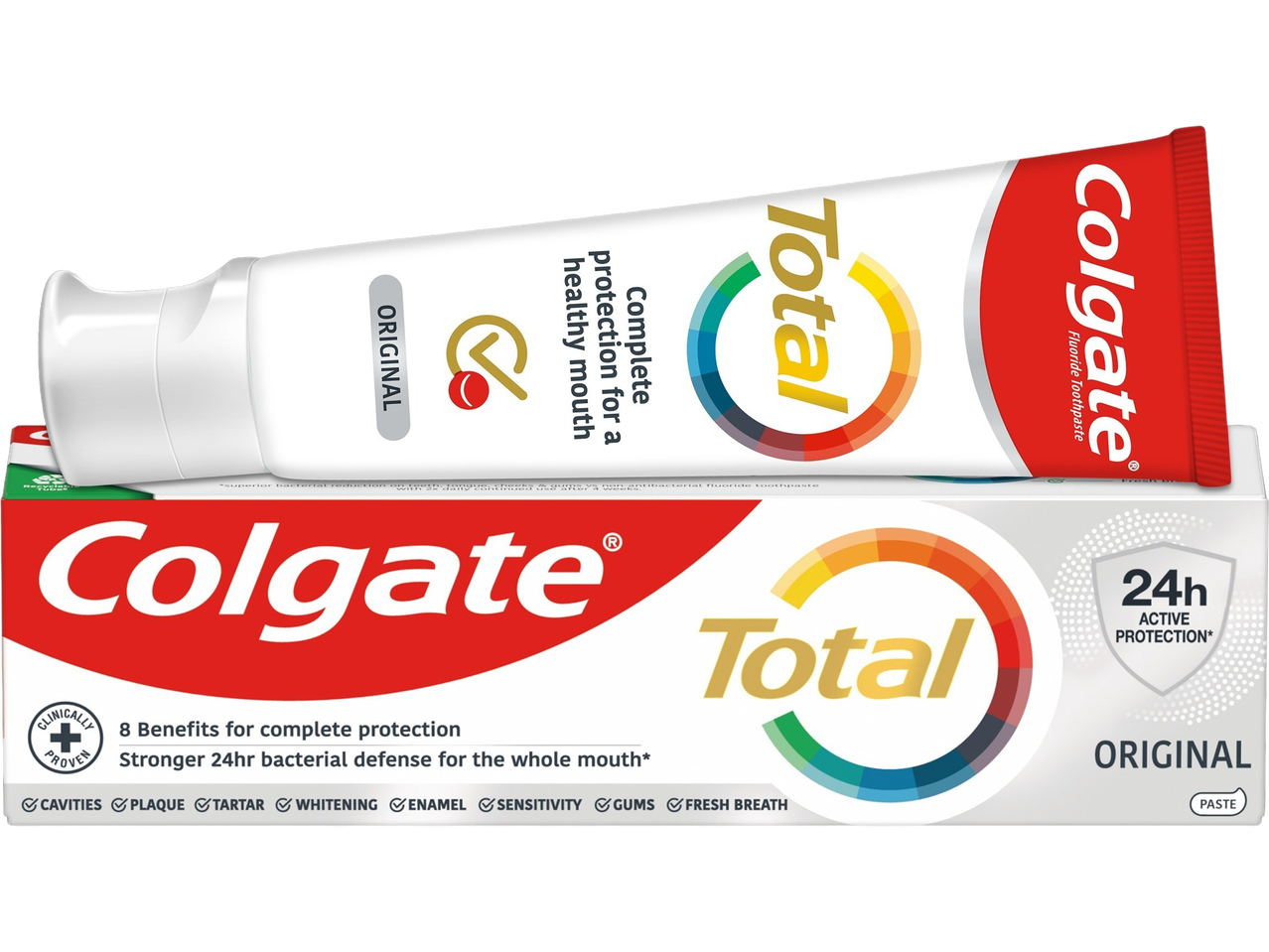 Colgate Total Original toothpaste, 24hr protection.