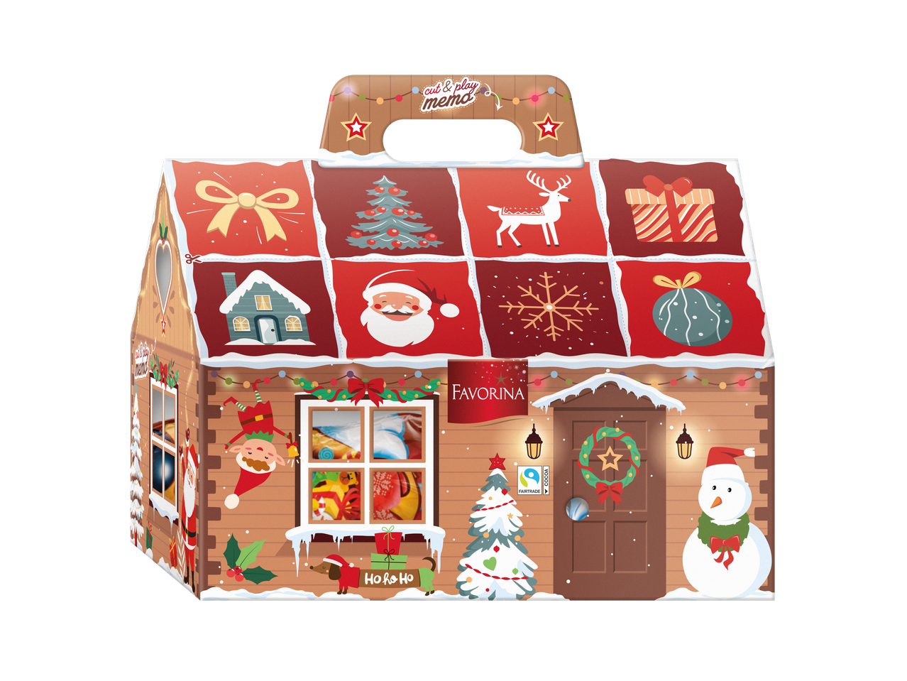 Favorina kalėdinis meduolių namelis su figūrėlėmis, su iškirpimo ir žaidimo atmintine.