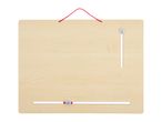 A wooden board with a red string handle and two clear plastic sliders in horizontal and vertical slots.