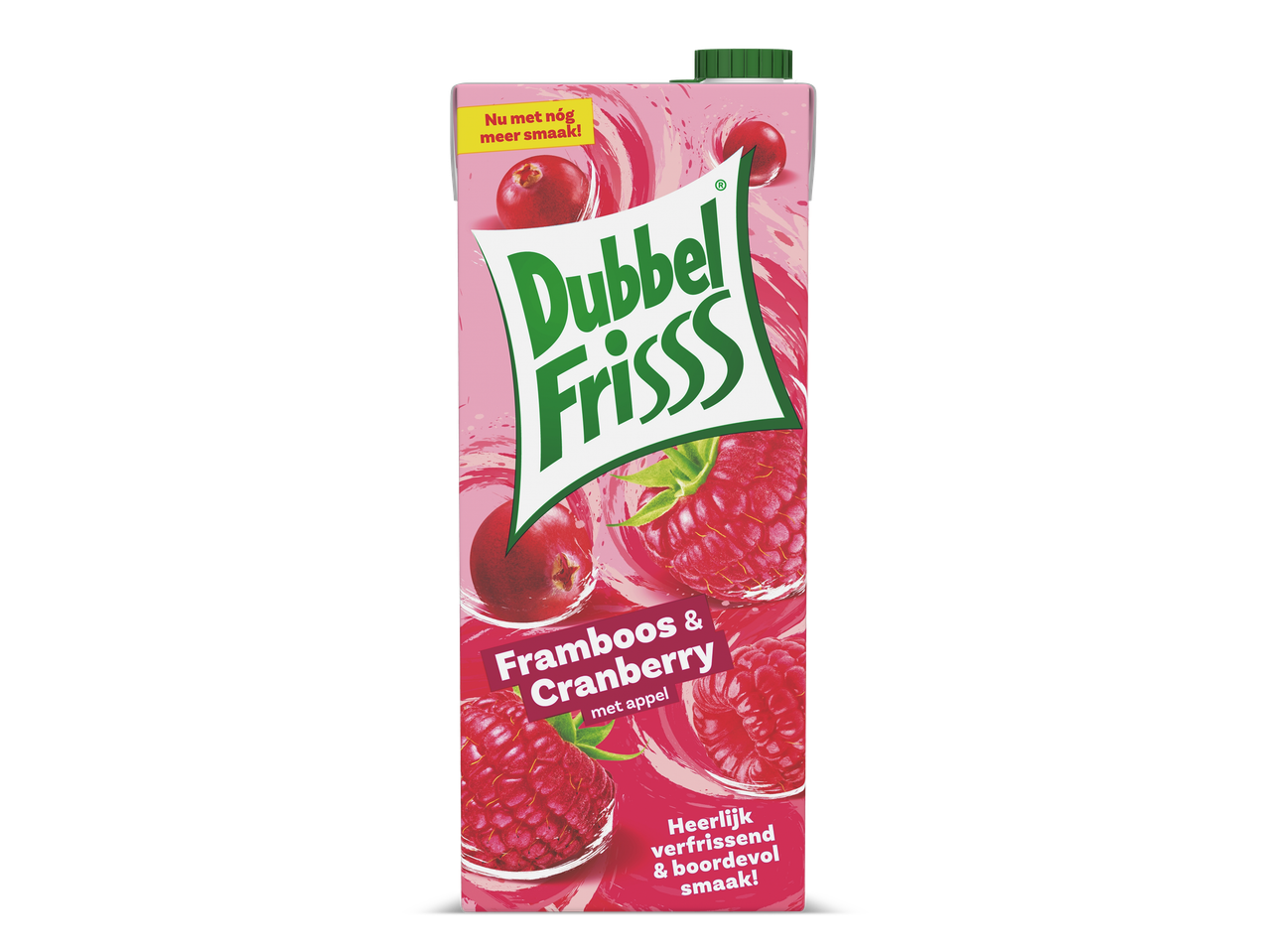 Een pakje framboos- en cranberrydrank met appel, met de tekst 'Nu met nóg meer smaak!' en 'Heerlijk verfrissend & boordevol smaak!'.