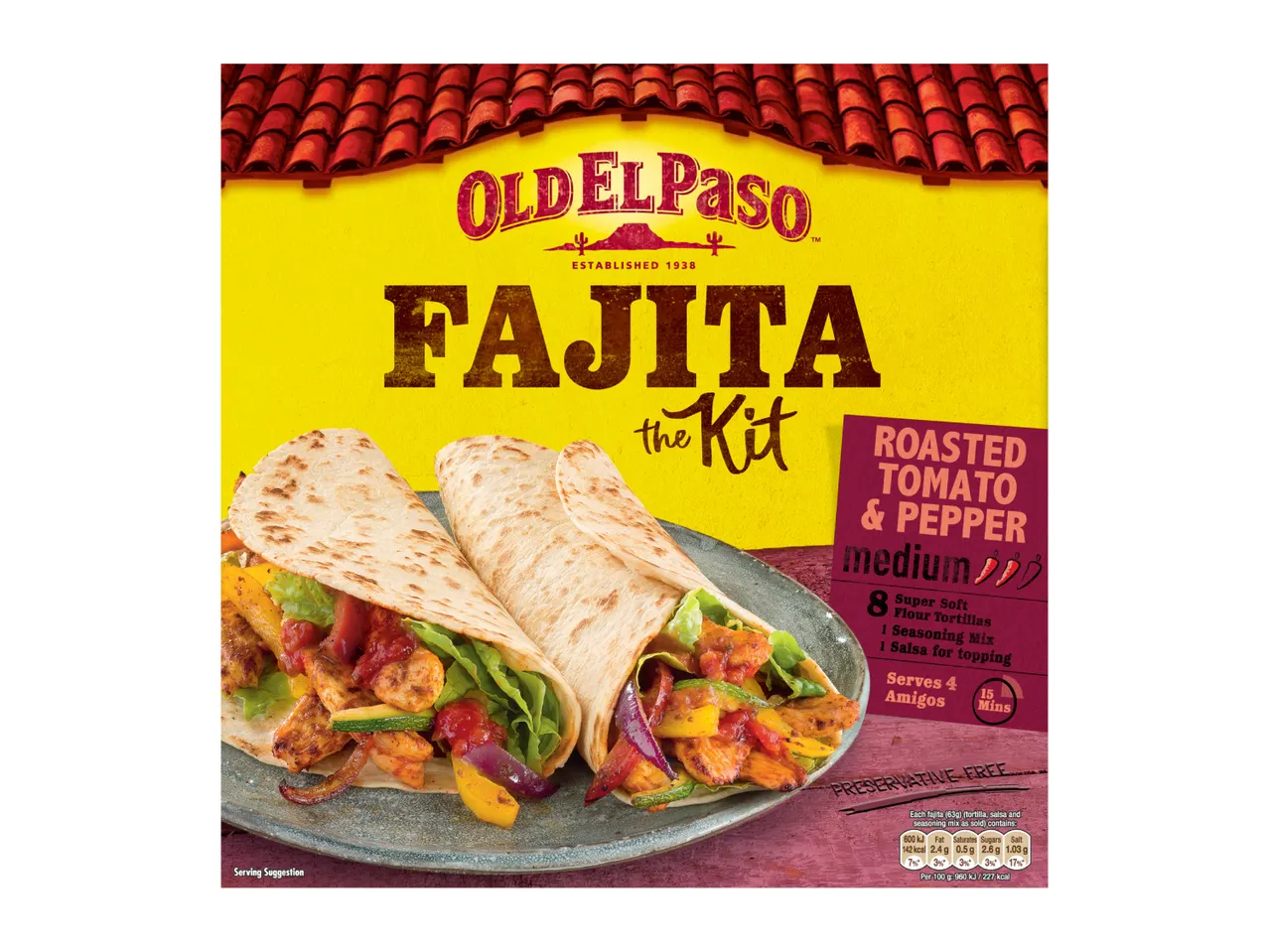 Fajita kit with roasted tomato and pepper, including tortillas, seasoning, and salsa.