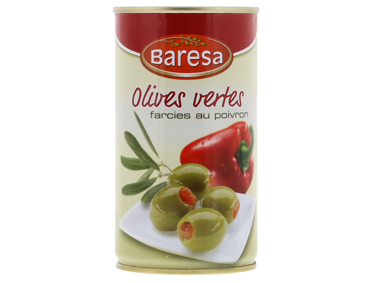 Boîte de conserve d'olives vertes farcies au poivron.