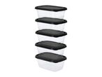 A stack of five clear rectangular food storage containers with black lids.