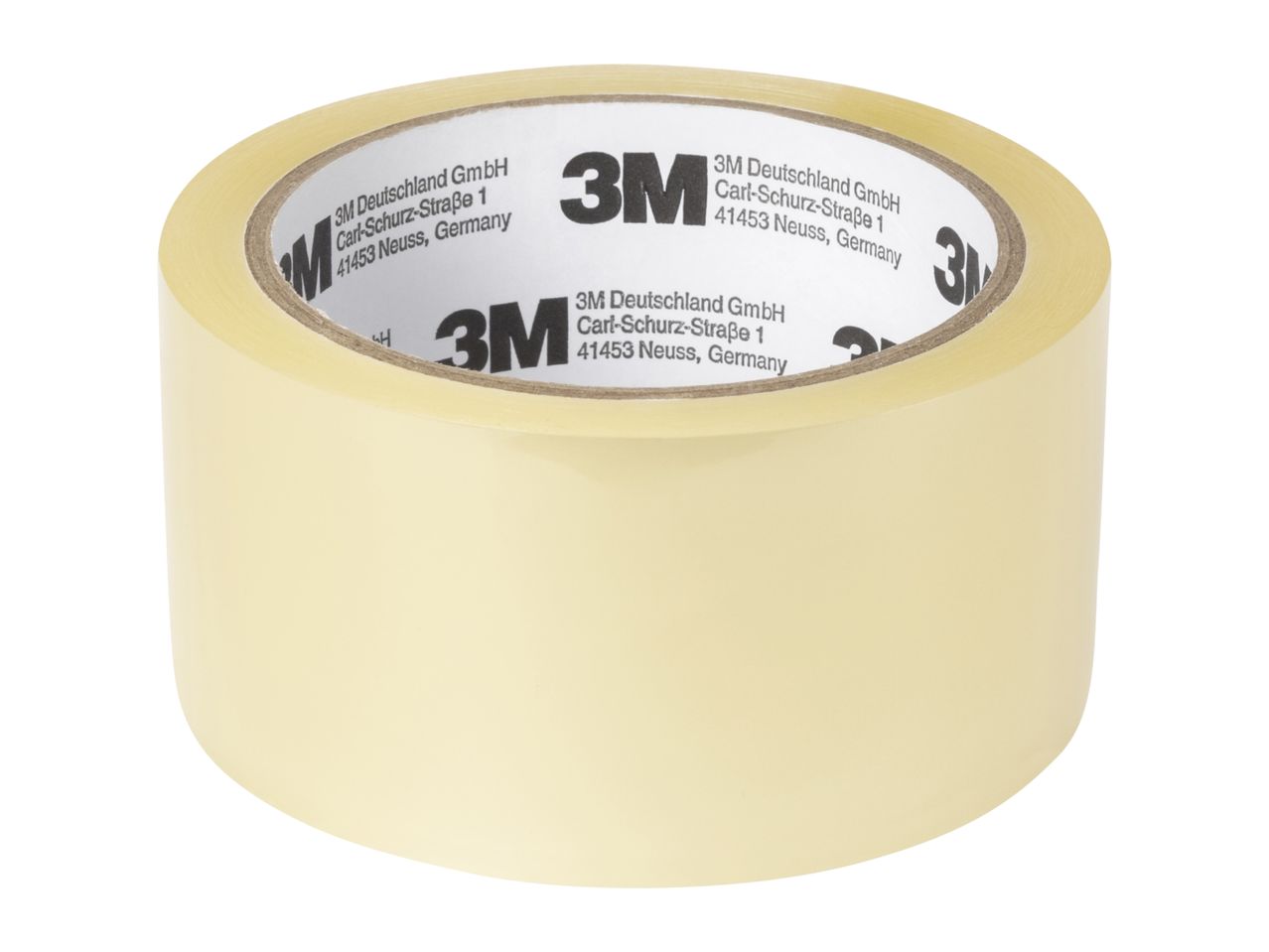 Clear packing tape with company information printed on the core.