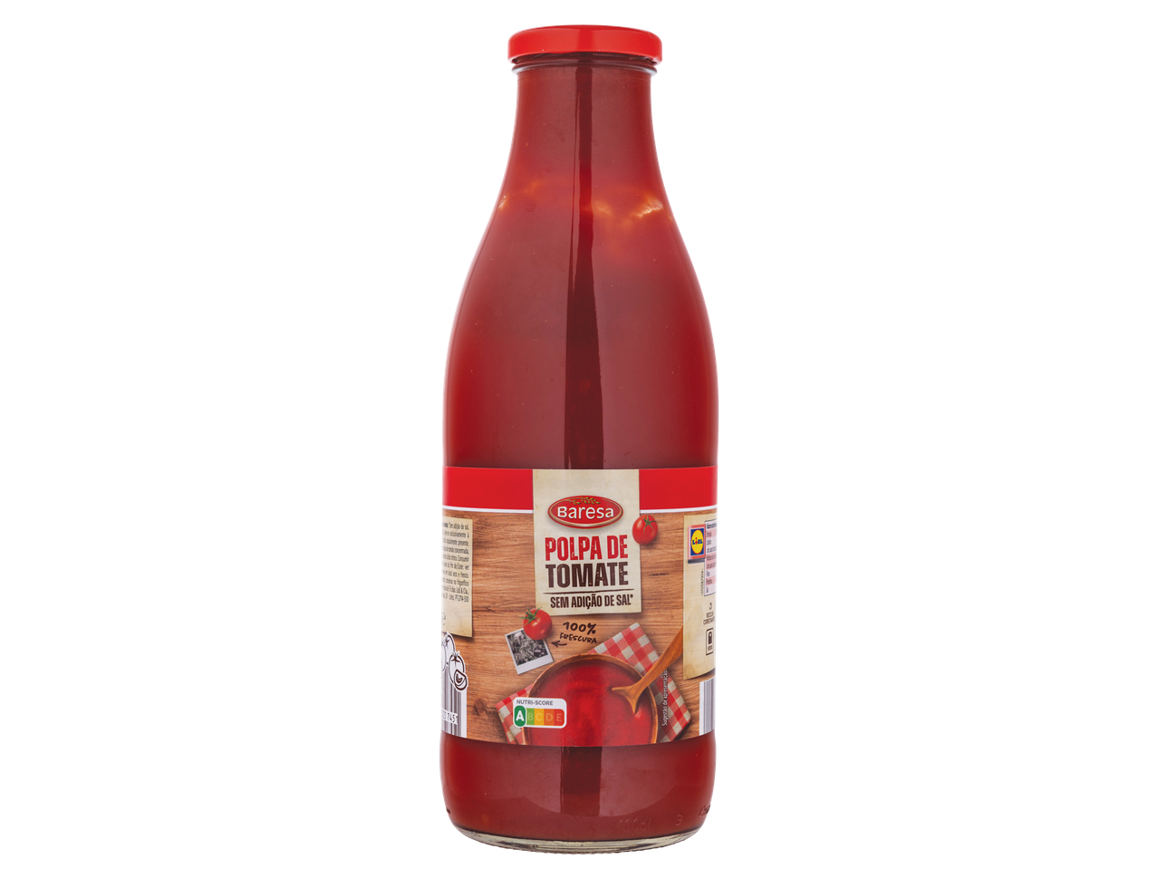 Garrafa de polpa de tomate Baresa, sem adição de sal, com rótulo Nutri-Score.