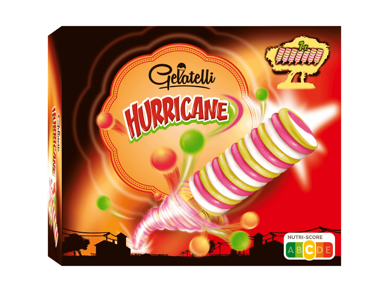 Verpackung für Eis am Stiel mit dem Schriftzug 'HURRICANE' und Nutri-Score C