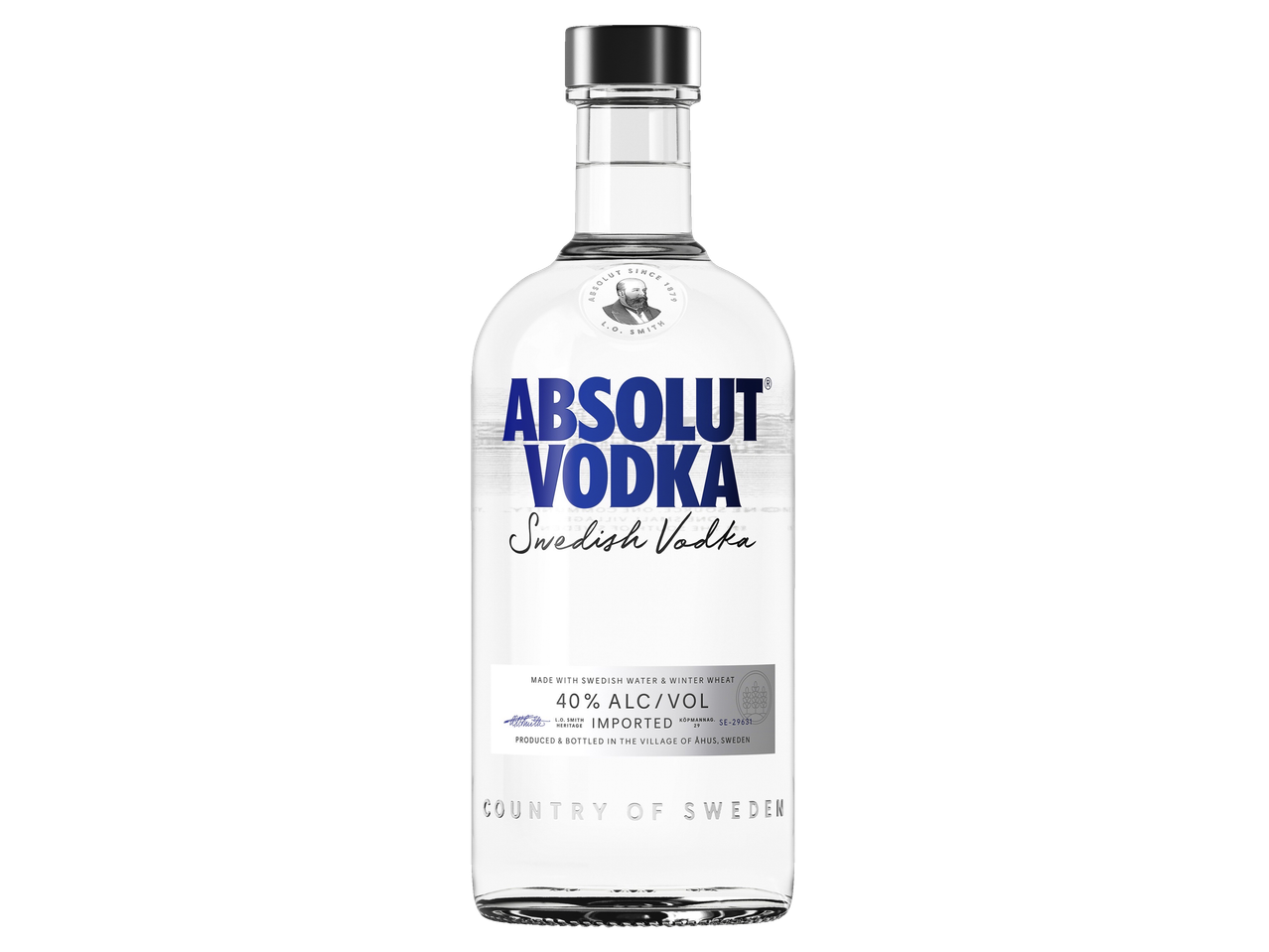 Absolut Vodka bottle, 40% ALC/VOL, made with Swedish water and winter wheat.