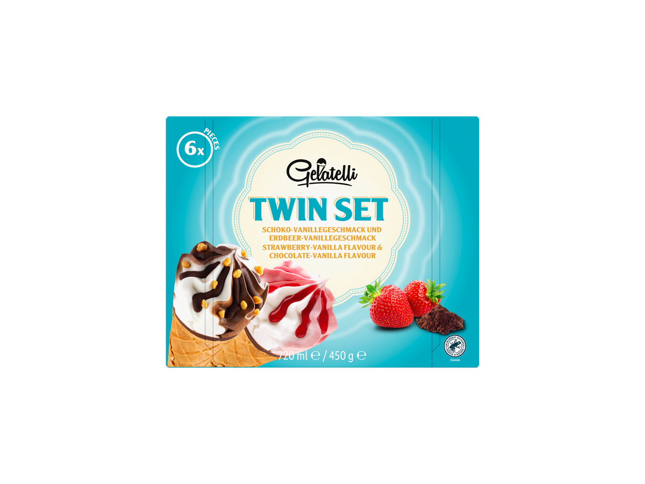 Sorvete Gelatelli Twin Set: 6 cones de chocolate-baunilha e morango-baunilha.