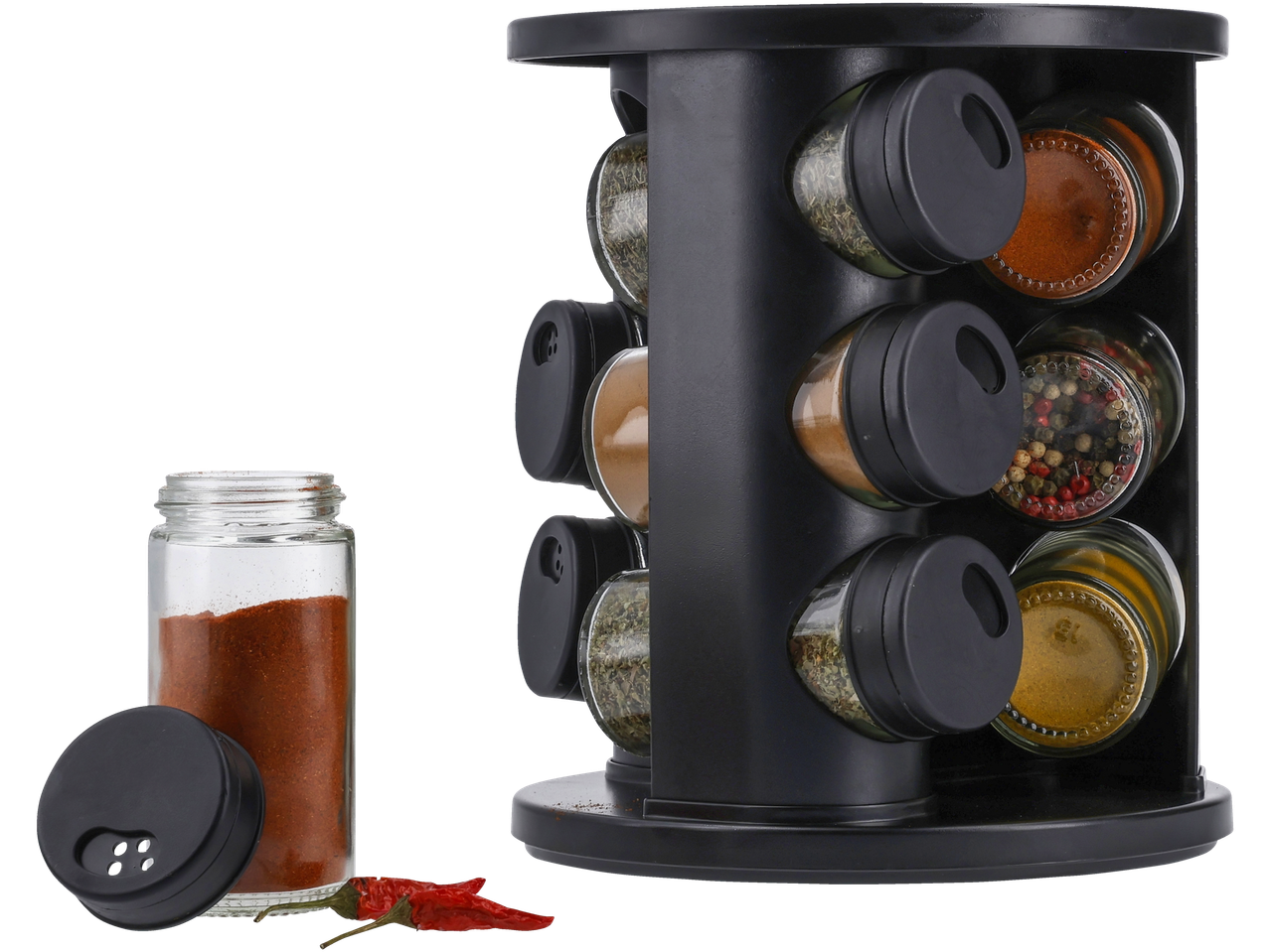 Sukamoji Gewürzregal mit 12 Gläsern und einem separaten Glas Paprikapulver und Chilischoten