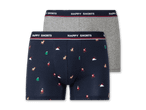 Zwei Boxershorts, eine dunkelblau mit Weihnachtsmotiven und eine graue, beide mit 'HAPPY SHORTS' Bund.