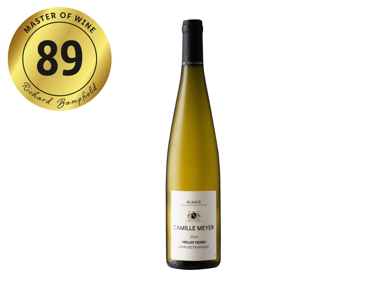 White wine bottle with a gold medal rating of 89 by a Master of Wine.