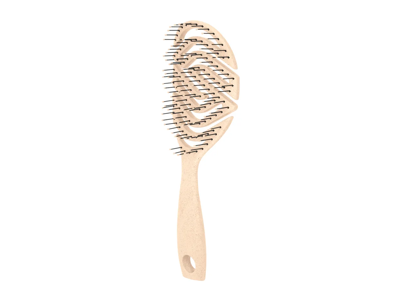 Beige hairbrush with black bristles and a hollowed-out handle.