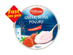 Græsk yoghurt med jordbær, 1 kg, med et rødt mærke der siger 'Fast lav pris'.