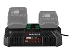 Dual battery charger with two batteries, showing charging indicators and capacity/time table.