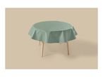 Round table with a sage green, shiny plastic tablecloth on a beige background.