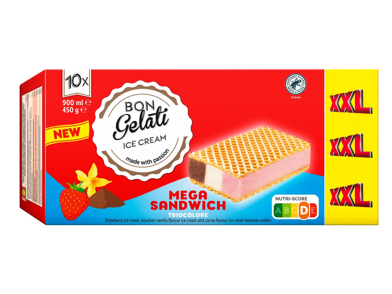Paquet de sandwichs glacés Bon Gelati Mega Sandwich XXL aux saveurs fraise, vanille et cacao.