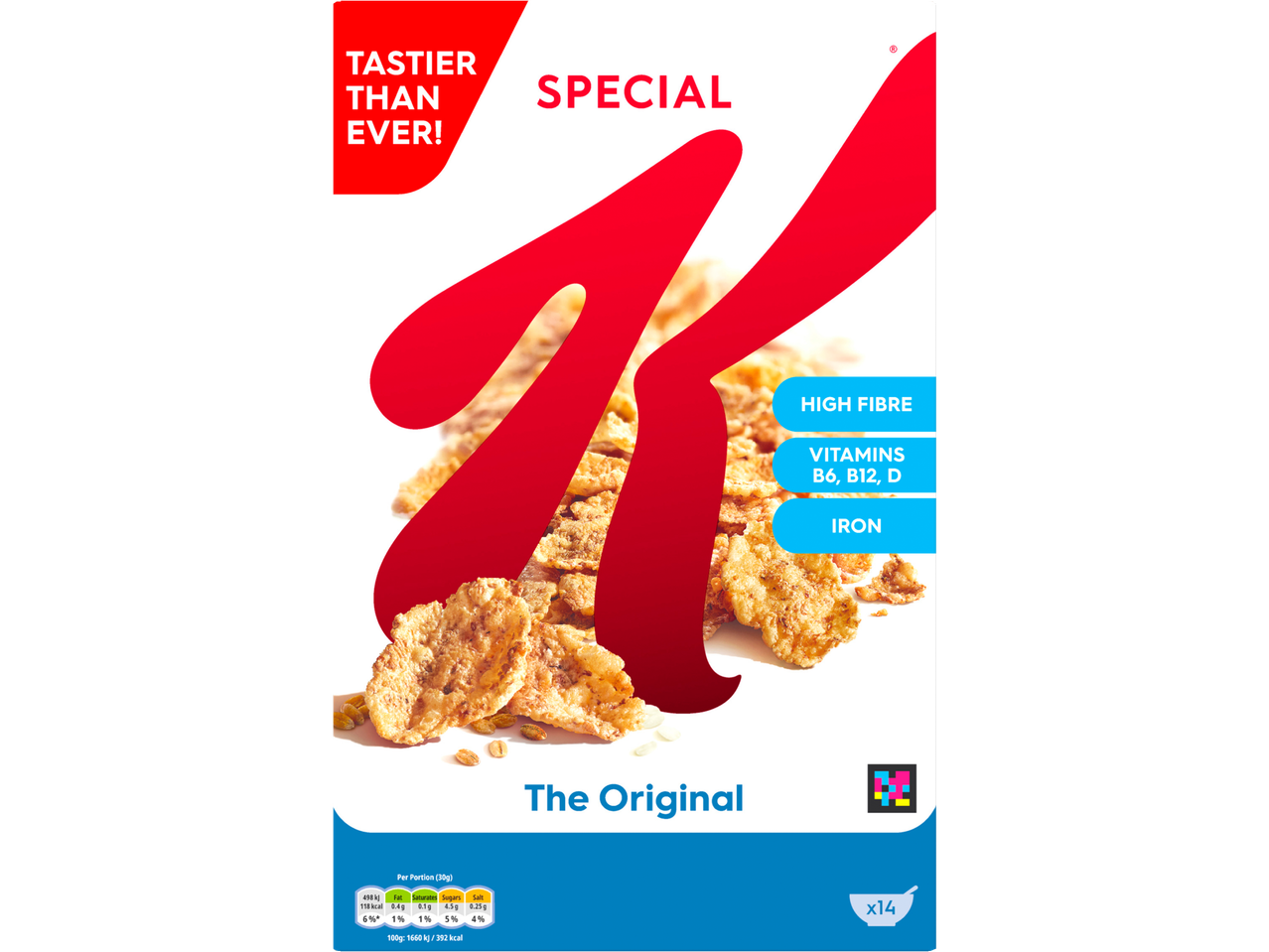 Kellogg's Special K: whole grain cereal, vitamins, and iron.