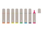 A set of eight highlighters in various colors, with one open to show the pink tip.