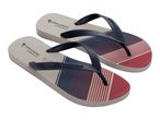 Pair of flip-flops with red, white, and blue stripes, and a palm tree logo.