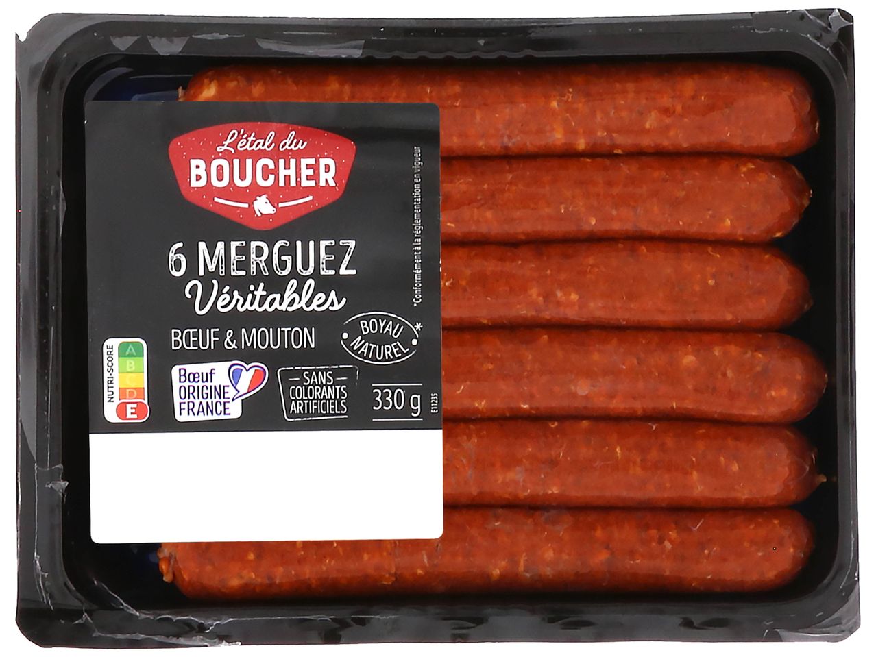Un paquet de 6 merguez de bœuf et de mouton de la marque L'étal du Boucher, 330g.