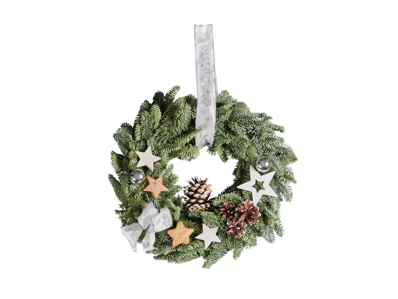 Christmas wreath with pine cones and decorative stars.