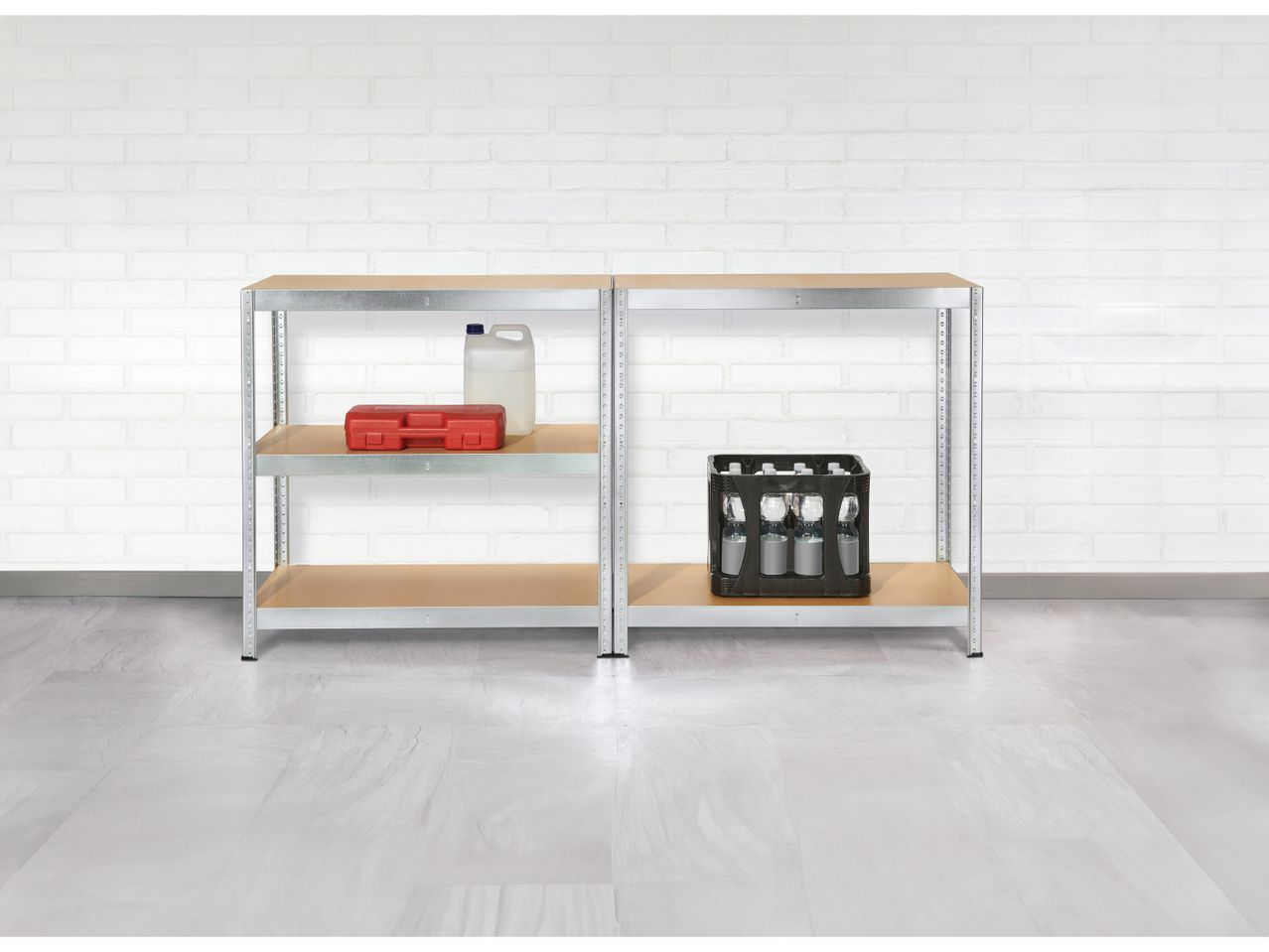 Two metal shelving units with wooden shelves hold various items, including a toolbox, plastic bottles, and a crate of water bottles.