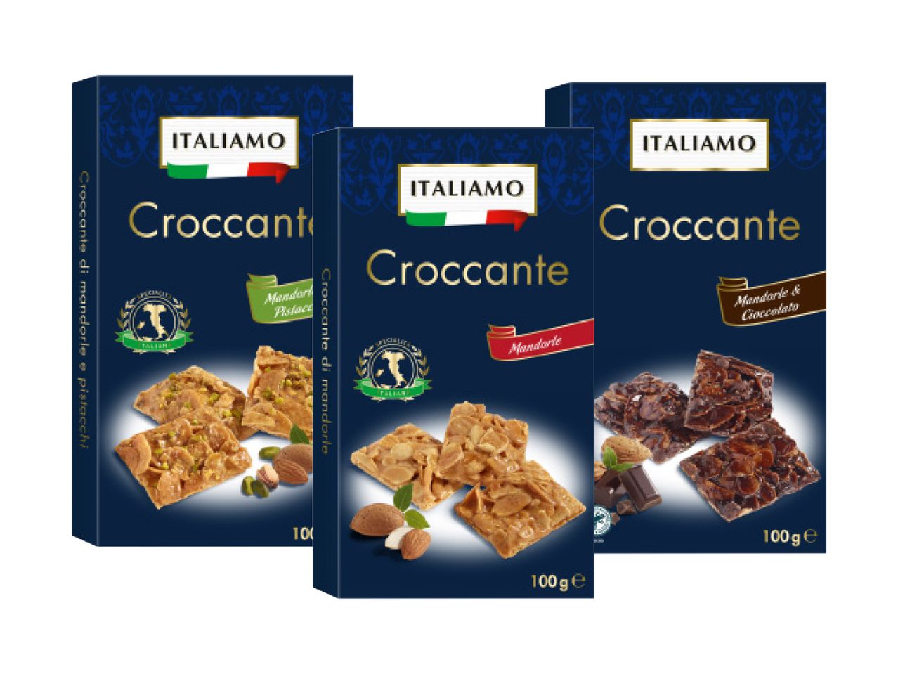 Tre confezioni di Croccanti Italiamo: mandorle e pistacchi, mandorle, mandorle e cioccolato.