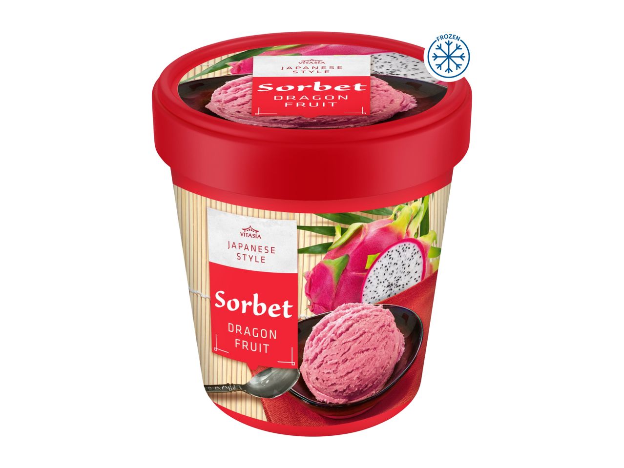 Japanese style dragon fruit sorbet in a red tub with a frozen symbol.