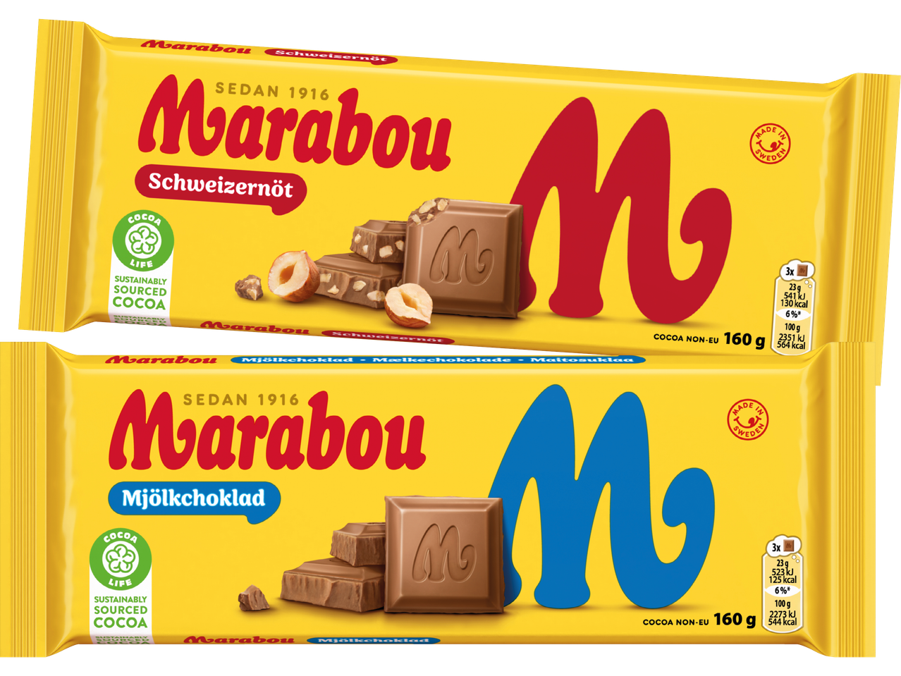 Två gula chokladkakor, en med hasselnötter och en mjölkchoklad, båda med hållbart framställd kakao.