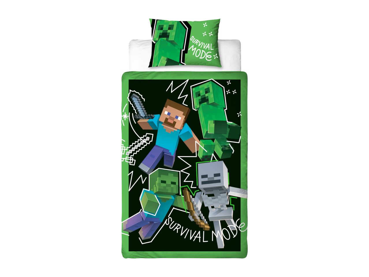 Green duvet cover and pillowcase set with Minecraft characters and 'Survival Mode' text.