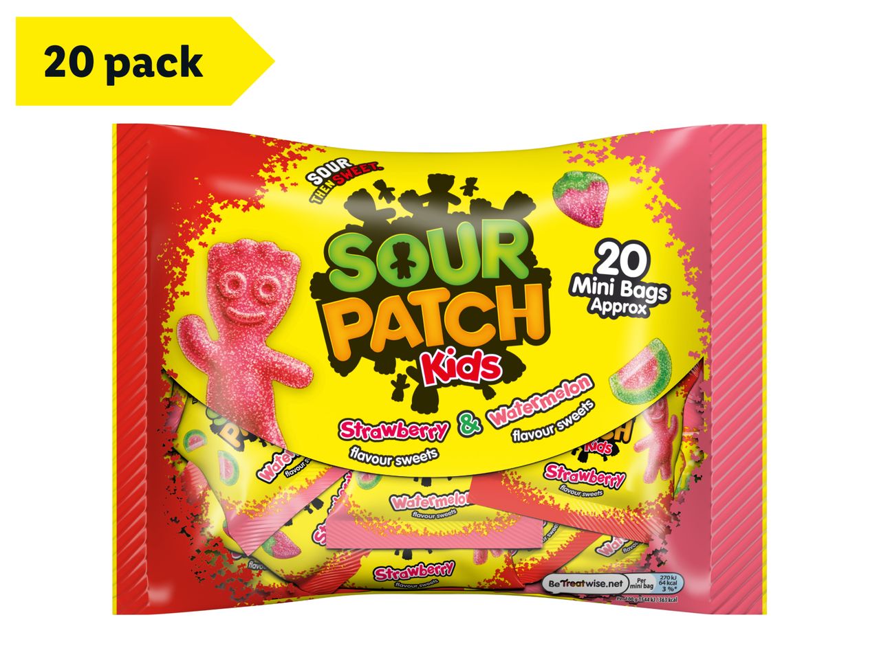 A 20-pack of strawberry and watermelon flavour sour sweets in mini bags.