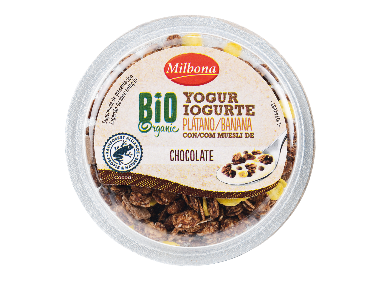 Milbona iogurte bio com banana e muesli de chocolate.