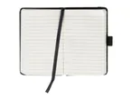 Open black notebook with lined pages and a black ribbon bookmark.