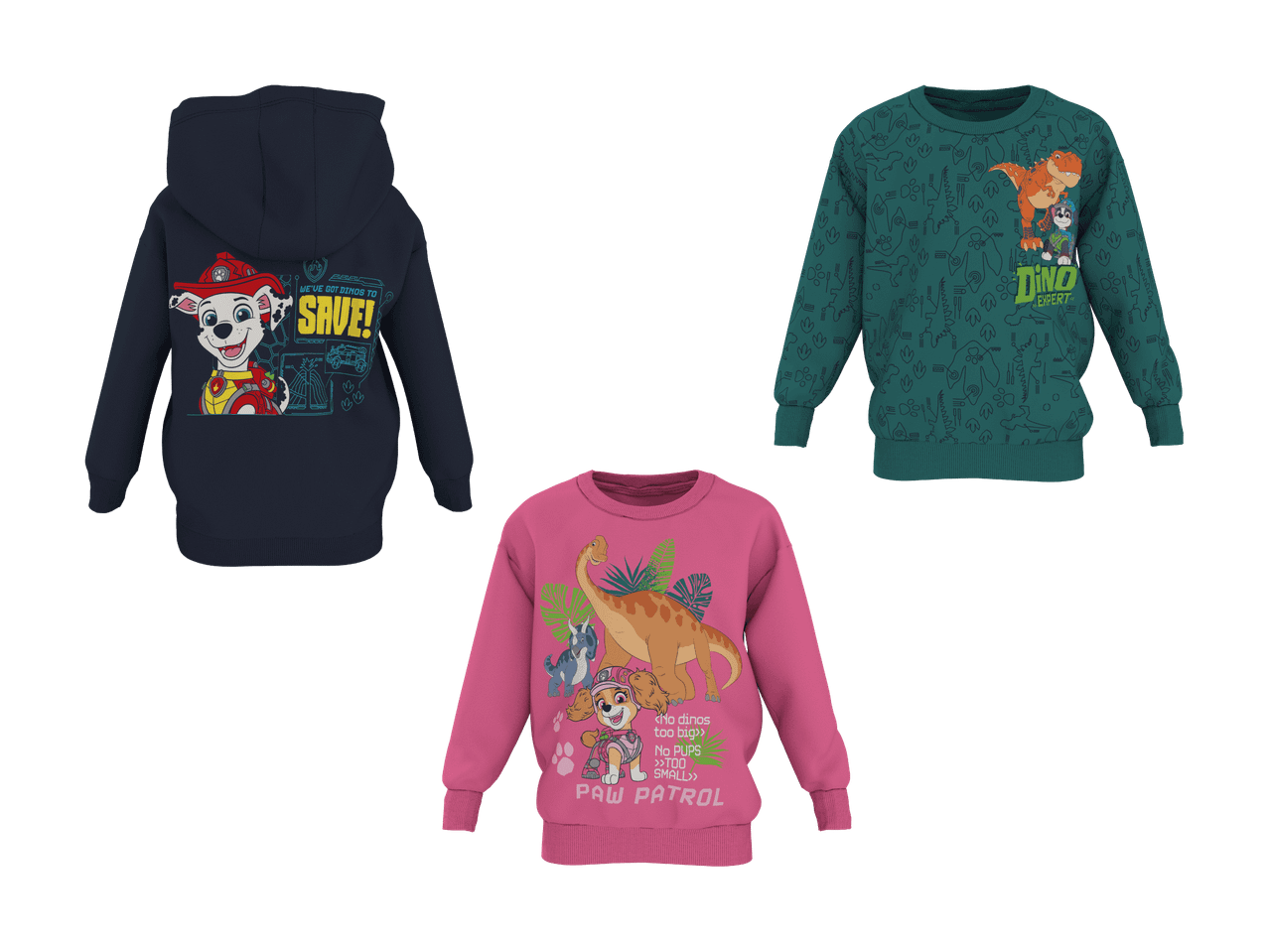 Tre børnetrøjer: en mørkeblå hættetrøje, en grøn sweatshirt og en pink sweatshirt.