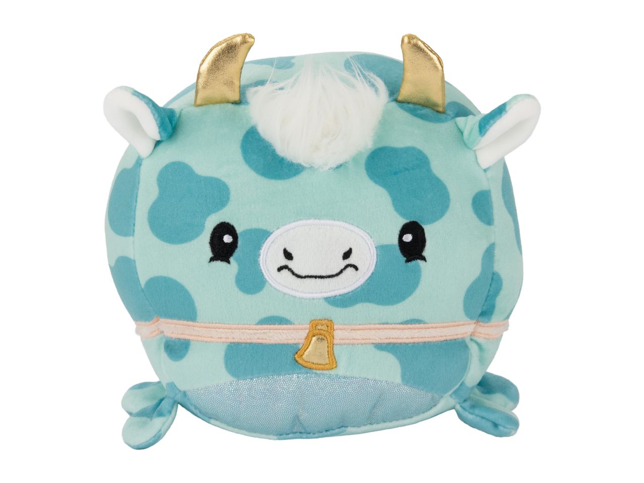 A teal and light blue spotted plush toy with gold horns, white fluffy hair, and a gold bell collar.