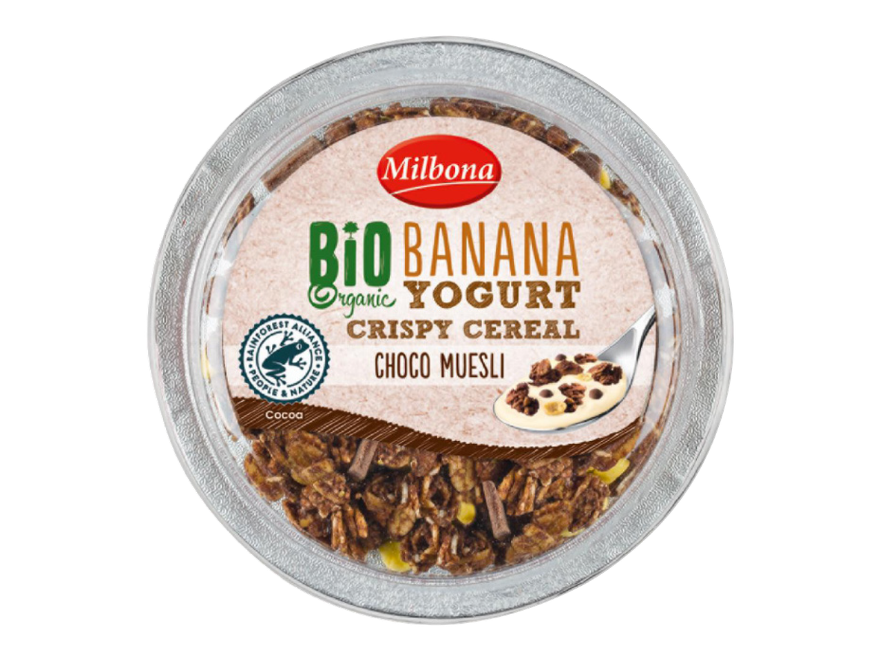 Bio banános joghurt ropogós csokis müzlivel, felülnézetből.