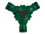 Conector de mangueira de jardim PARKSIDE verde em forma de Y com três saídas.