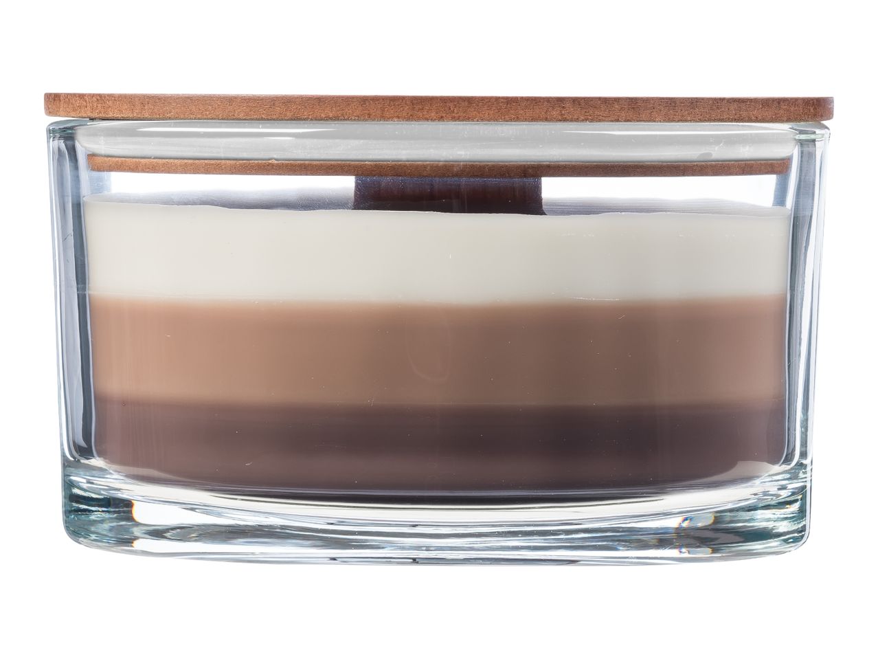 Layered candle in a glass jar with a wooden lid, featuring white, light brown, and dark brown wax.