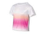 A white and pink ombre short-sleeved athletic shirt.