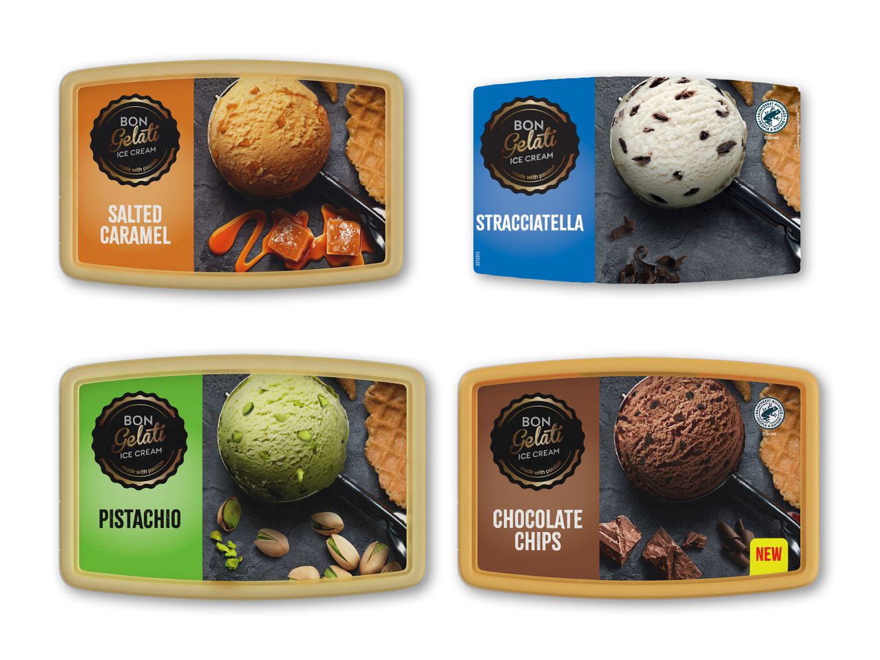 Bon Gelati iscreme i fire varianter: Saltet karamel, Stracciatella, Pistacie og Chokoladechips.