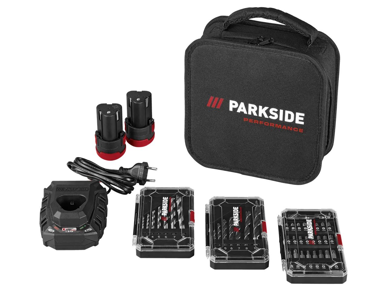 Parkside Performance® csavarhúzó készlet akkumulátorokkal, töltővel és fúró-/bitkészletekkel