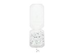 A clear plastic box filled with white cable clips and nails, with one clip outside the box.